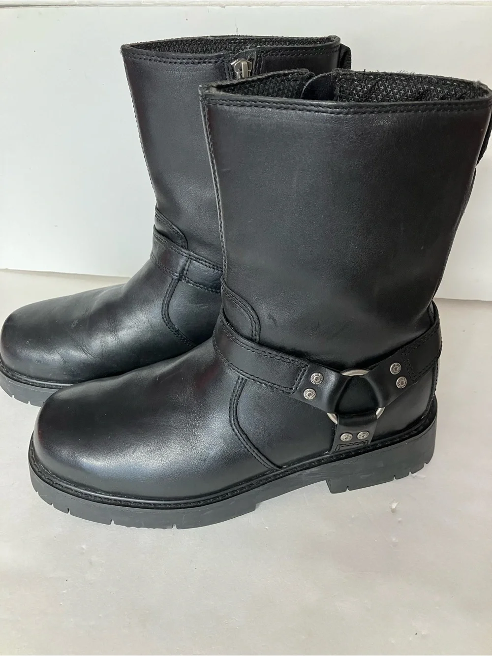Harley Davidson Side Str. Black Leather Size Zip Moto Boots, Men’s 8 1/2, #91080